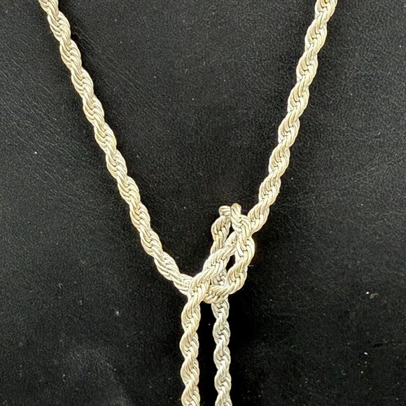 Twist Rope Chain Tassel Lariat Necklace Silver Tone Chic Elegant Minimalist - Picture 3 of 7